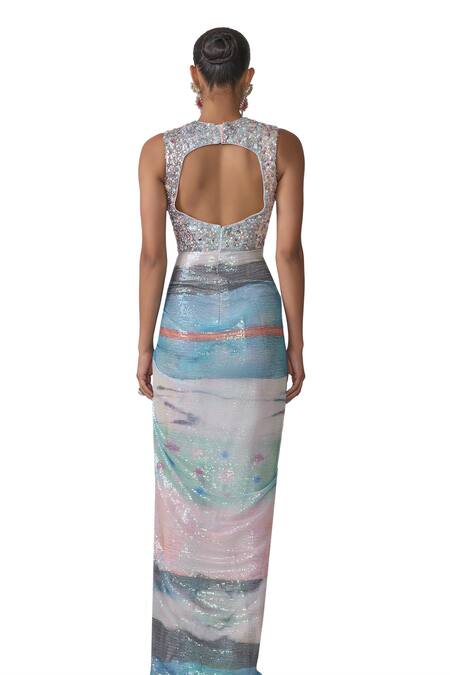 Shop_Aisha Rao_Blue Tulle Sequins Round Neck Aura Embellished Knot Gown _Online_at_Aza_Fashions