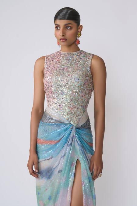 Aisha Rao_Blue Tulle Sequins Round Neck Aura Embellished Knot Gown _at_Aza_Fashions