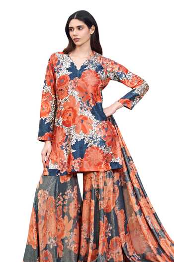 Shop_Archana Shah_Multi Color Silk Embroidery, Zari Floral Print Kurta Sharara Set _Online_at_Aza_Fashions