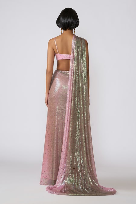 Shop Aisha Rao Pink Tulle Sequins Aven Ombre Embellished Pre-draped Saree With Blouse at Aza Fashions Shop_Aisha Rao_Pink Tulle Sequins Aven Ombre Embellished Pre-draped Saree With Blouse _at_Aza_Fashions