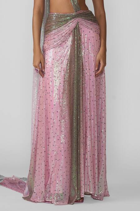 Aisha Rao Pink Tulle Sequins Aven Ombre Embellished Pre-draped Saree With Blouse Online at Aza Fashions Aisha Rao_Pink Tulle Sequins Aven Ombre Embellished Pre-draped Saree With Blouse _Online_at_Aza_Fashions