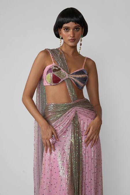 Shop Aisha Rao Pink Tulle Sequins Aven Ombre Embellished Pre-draped Saree With Blouse Online at Aza Fashions Shop_Aisha Rao_Pink Tulle Sequins Aven Ombre Embellished Pre-draped Saree With Blouse _Online_at_Aza_Fashions