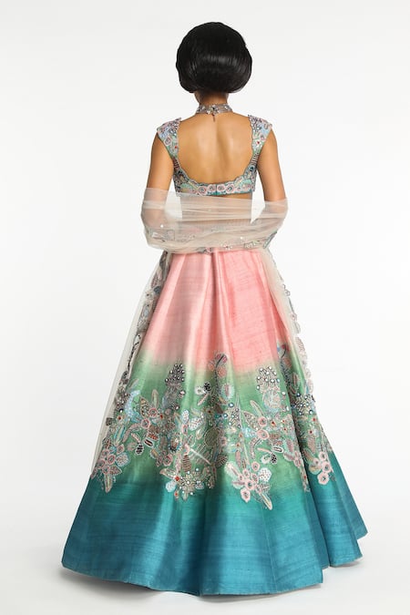 Shop Aisha Rao Blue Silk, Tulle Sequins, Embroidery Sweetheart Neck Azurena Ombre Lehenga Set at Aza Fashions Shop_Aisha Rao_Blue Silk, Tulle Sequins, Embroidery Sweetheart Neck Azurena Ombre Lehenga Set _at_Aza_Fashions