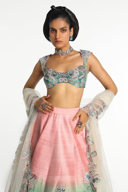 Aisha Rao Blue Silk, Tulle Sequins, Embroidery Sweetheart Neck Azurena Ombre Lehenga Set Online at Aza Fashions Aisha Rao_Blue Silk, Tulle Sequins, Embroidery Sweetheart Neck Azurena Ombre Lehenga Set _Online_at_Aza_Fashions