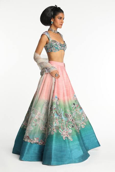 Shop Aisha Rao Blue Silk, Tulle Sequins, Embroidery Sweetheart Neck Azurena Ombre Lehenga Set Online at Aza Fashions Shop_Aisha Rao_Blue Silk, Tulle Sequins, Embroidery Sweetheart Neck Azurena Ombre Lehenga Set _Online_at_Aza_Fashions