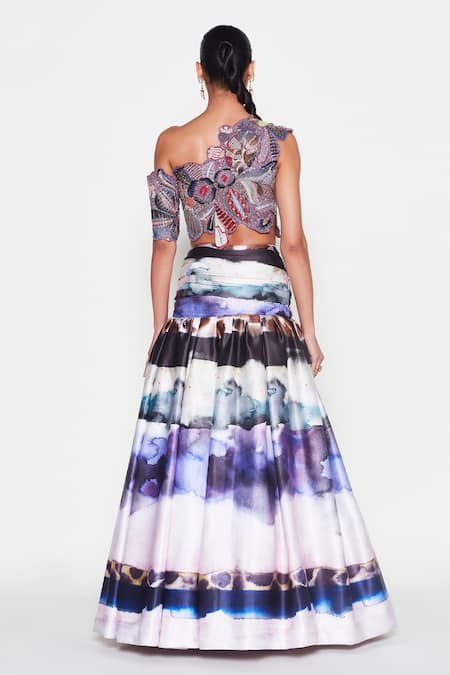 Shop Aisha Rao Purple Polyester Sequins, Cut Work Asymmetric Biora Printed Tiered Skirt Set at Aza Fashions Shop_Aisha Rao_Purple Polyester Sequins, Cut Work Asymmetric Biora Printed Tiered Skirt Set _at_Aza_Fashions