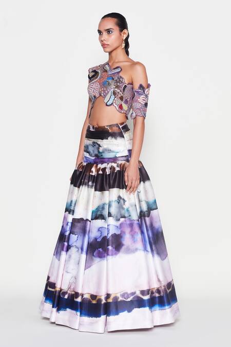 Buy Aisha Rao Purple Polyester Sequins, Cut Work Asymmetric Biora Printed Tiered Skirt Set Online at Aza Fashions Buy_Aisha Rao_Purple Polyester Sequins, Cut Work Asymmetric Biora Printed Tiered Skirt Set _Online_at_Aza_Fashions