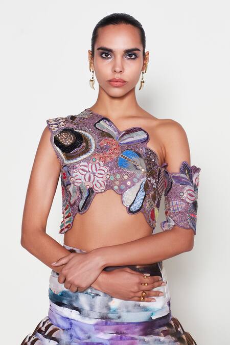 Shop Aisha Rao Purple Polyester Sequins, Cut Work Asymmetric Biora Printed Tiered Skirt Set Online at Aza Fashions Shop_Aisha Rao_Purple Polyester Sequins, Cut Work Asymmetric Biora Printed Tiered Skirt Set _Online_at_Aza_Fashions
