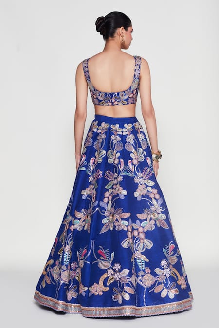 Shop_Aisha Rao_Blue Silk, Chiffon Sequins, Cut Work, Embroidery Bleue Floral Lehenga Set _at_Aza_Fashions