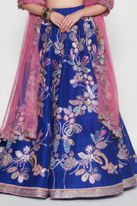 Aisha Rao_Blue Silk, Chiffon Sequins, Cut Work, Embroidery Bleue Floral Lehenga Set _Online_at_Aza_Fashions