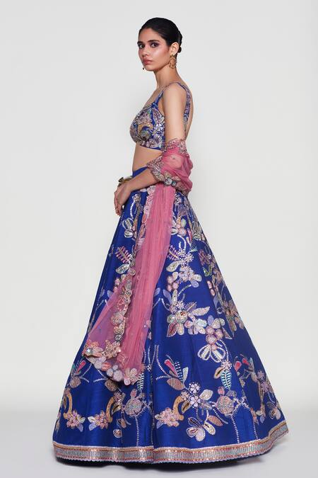 Buy_Aisha Rao_Blue Silk, Chiffon Sequins, Cut Work, Embroidery Bleue Floral Lehenga Set _Online_at_Aza_Fashions