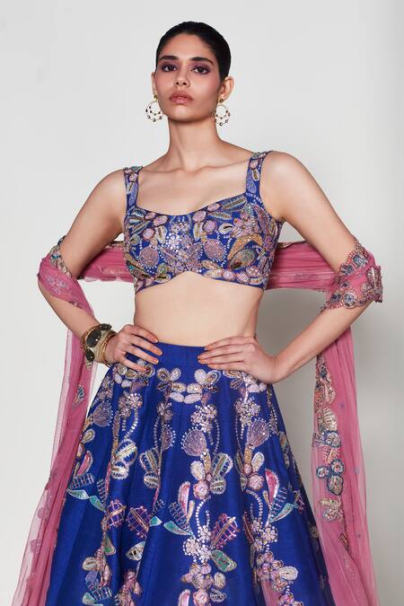 Shop_Aisha Rao_Blue Silk, Chiffon Sequins, Cut Work, Embroidery Bleue Floral Lehenga Set _Online_at_Aza_Fashions