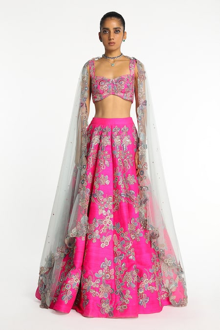 Aisha Rao Pink Raw Silk Embroidered Sequin Sweetheart Blushique Floral Lehenga Set 