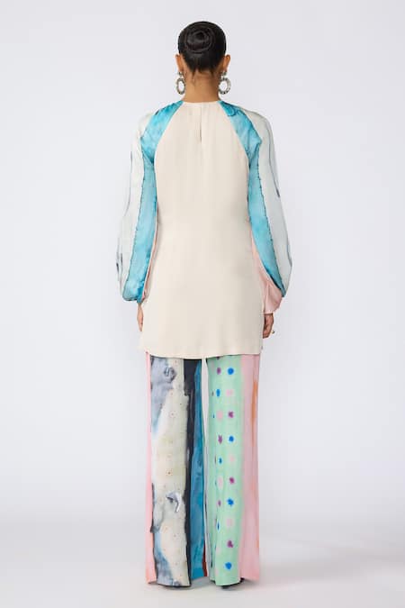 Shop_Aisha Rao_Blue Satin, Chiffon Embroidery Round Neck Chroma Printed Kurta And Pant Set _at_Aza_Fashions