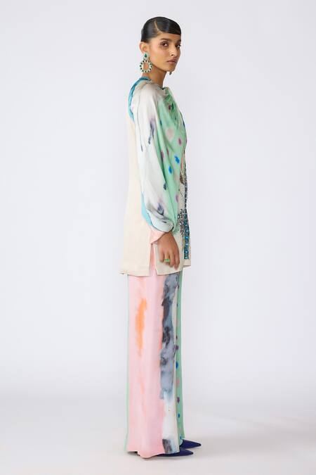 Aisha Rao_Blue Satin, Chiffon Embroidery Round Neck Chroma Printed Kurta And Pant Set _Online_at_Aza_Fashions