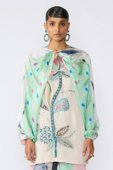 Buy_Aisha Rao_Blue Satin, Chiffon Embroidery Round Neck Chroma Printed Kurta And Pant Set _Online_at_Aza_Fashions