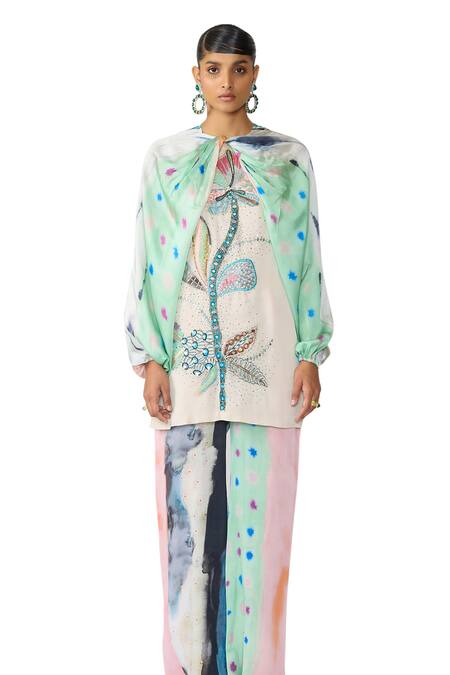 Shop_Aisha Rao_Blue Satin, Chiffon Embroidery Round Neck Chroma Printed Kurta And Pant Set _Online_at_Aza_Fashions