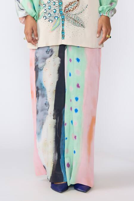 Aisha Rao_Blue Satin, Chiffon Embroidery Round Neck Chroma Printed Kurta And Pant Set _at_Aza_Fashions