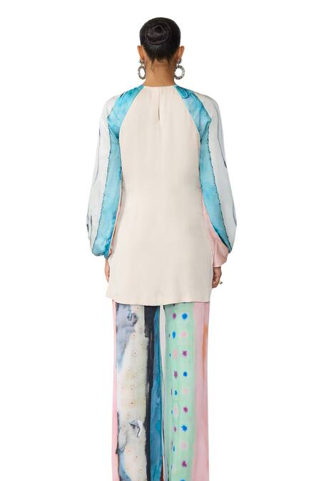 Buy_Aisha Rao_Blue Satin, Chiffon Embroidery Round Neck Chroma Printed Kurta And Pant Set 
