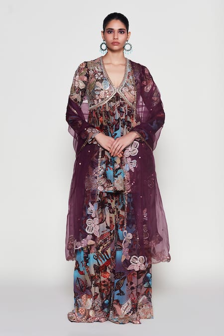 Aisha Rao Blue Kurta And Pant Mulberry Crepe Printed Floral Claret Anarkali Gharara Set 