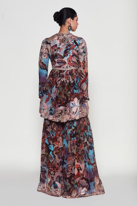 Shop Aisha Rao Blue Crepe, Organza, Silk Sequins, Claret Floral Print Anarkali Gharara Set at Aza Fashions Shop_Aisha Rao_Blue Crepe, Organza, Silk Sequins, Claret Floral Print Anarkali Gharara Set _at_Aza_Fashions