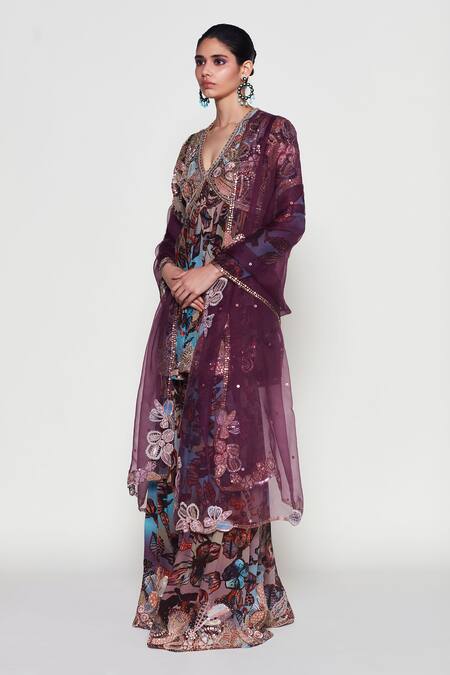 Aisha Rao Blue Crepe, Organza, Silk Sequins, Claret Floral Print Anarkali Gharara Set Online at Aza Fashions Aisha Rao_Blue Crepe, Organza, Silk Sequins, Claret Floral Print Anarkali Gharara Set _Online_at_Aza_Fashions
