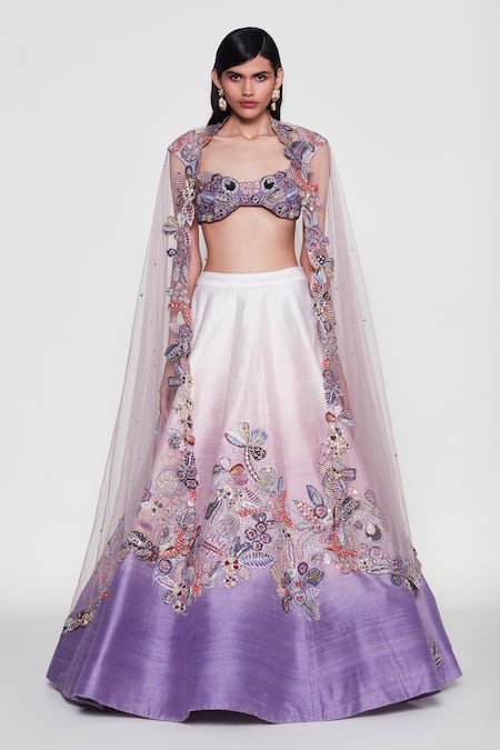 Aisha Rao Ivory Lehenga And Blouse Raw Silk Clematis Ombre Applique Work Bridal Set 