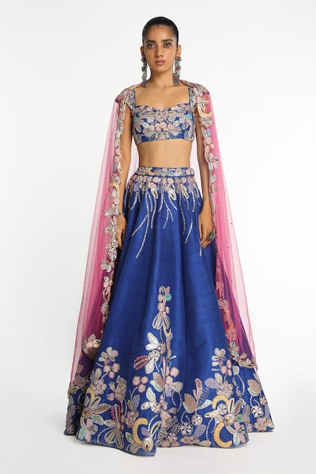 Aisha Rao Cobaltine Raw Silk Embellished Lehenga Set 