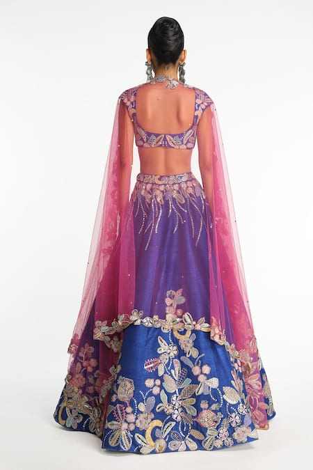 Shop Aisha Rao Blue Silk, Net Sequins, Zari, Applique, Cobaltine Raw Embellished Lehenga Set at Aza Fashions Shop_Aisha Rao_Blue Silk, Net Sequins, Zari, Applique, Cobaltine Raw Embellished Lehenga Set _at_Aza_Fashions