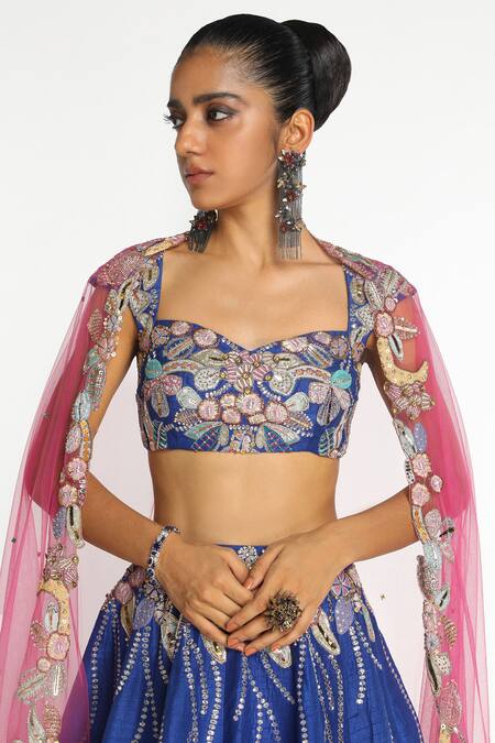 Aisha Rao Blue Silk, Net Sequins, Zari, Applique, Cobaltine Raw Embellished Lehenga Set Online at Aza Fashions Aisha Rao_Blue Silk, Net Sequins, Zari, Applique, Cobaltine Raw Embellished Lehenga Set _Online_at_Aza_Fashions