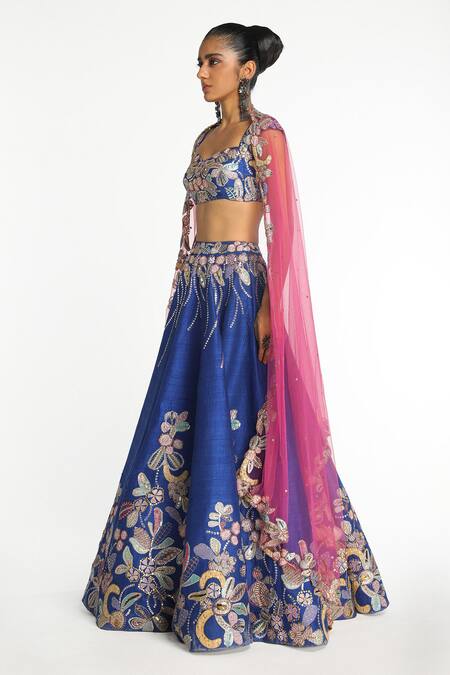 Shop Aisha Rao Blue Silk, Net Sequins, Zari, Applique, Cobaltine Raw Embellished Lehenga Set Online at Aza Fashions Shop_Aisha Rao_Blue Silk, Net Sequins, Zari, Applique, Cobaltine Raw Embellished Lehenga Set _Online_at_Aza_Fashions