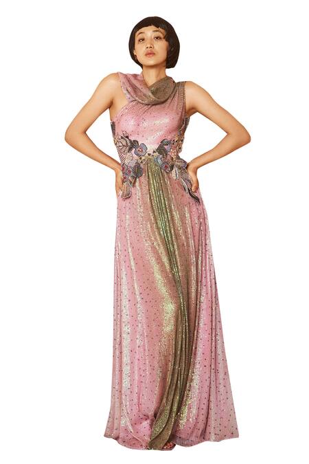 Aisha Rao Pink Tulle Cut Work, Sequins, Zari Cowl Neck Elowra Embellished Gown Online at Aza Fashions Aisha Rao_Pink Tulle Cut Work, Sequins, Zari Cowl Neck Elowra Embellished Gown _Online_at_Aza_Fashions