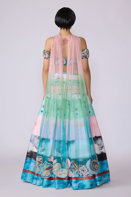 Shop_Aisha Rao_Blue Organza, Tissue, Tulle Embroidery Round Neck Elysium Printed Skirt Set _at_Aza_Fashions