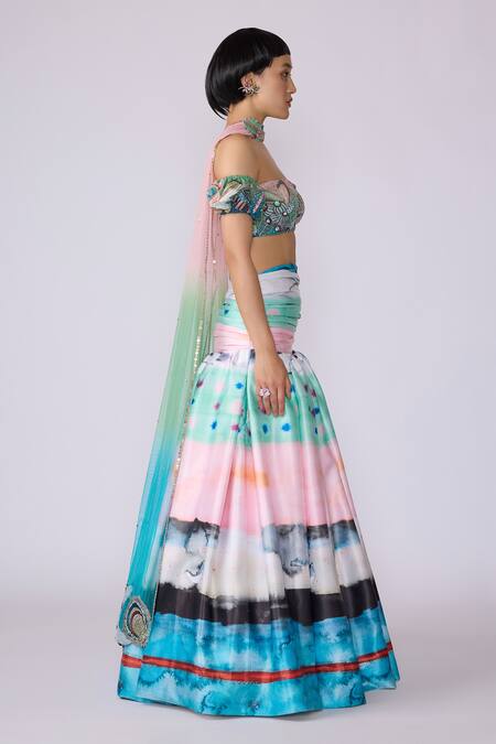Aisha Rao_Blue Organza, Tissue, Tulle Embroidery Round Neck Elysium Printed Skirt Set _Online_at_Aza_Fashions