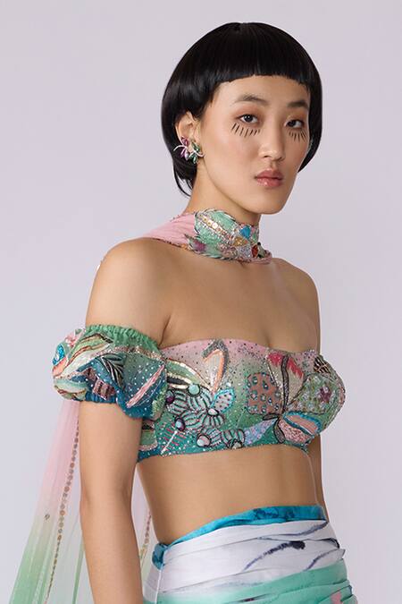 Buy_Aisha Rao_Blue Organza, Tissue, Tulle Embroidery Round Neck Elysium Printed Skirt Set _Online_at_Aza_Fashions