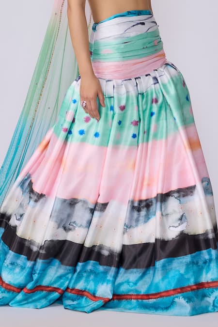 Shop_Aisha Rao_Blue Organza, Tissue, Tulle Embroidery Round Neck Elysium Printed Skirt Set _Online_at_Aza_Fashions