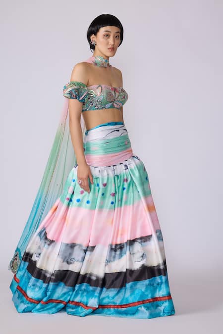 Aisha Rao Blue Organza Printed Abstract Straight Elysium Skirt And Off Shoulder Blouse Set 