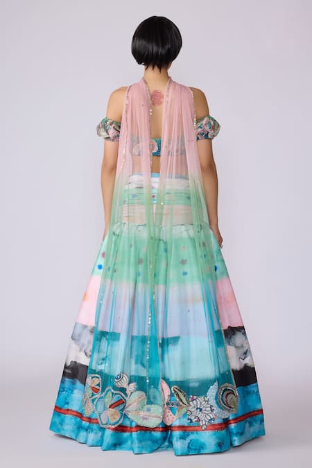 Shop_Aisha Rao_Blue Organza, Tulle, Polyester Elysium Printed Skirt And Off Blouse Set _at_Aza_Fashions