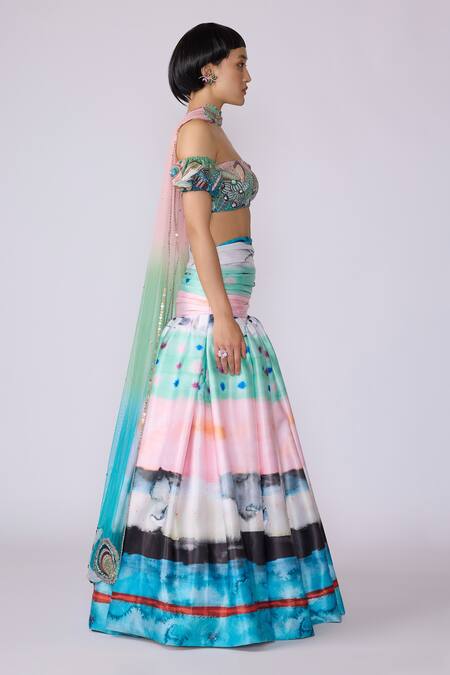 Aisha Rao_Blue Organza, Tulle, Polyester Elysium Printed Skirt And Off Blouse Set _Online_at_Aza_Fashions
