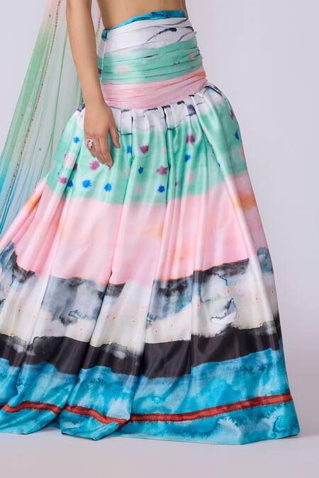 Buy_Aisha Rao_Blue Organza, Tulle, Polyester Elysium Printed Skirt And Off Blouse Set _Online_at_Aza_Fashions