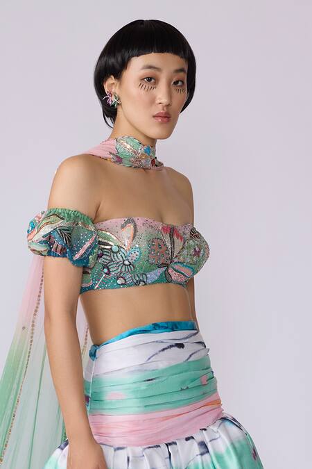 Shop_Aisha Rao_Blue Organza, Tulle, Polyester Elysium Printed Skirt And Off Blouse Set _Online_at_Aza_Fashions
