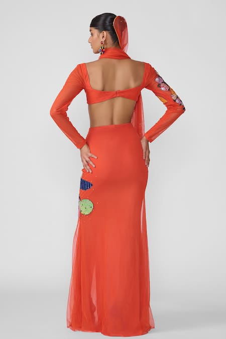 Shop Aisha Rao Orange Tulle Sequins, Embroidery, Ember Floral Applique Embellished Skirt Set at Aza Fashions Shop_Aisha Rao_Orange Tulle Sequins, Embroidery, Ember Floral Applique Embellished Skirt Set _at_Aza_Fashions