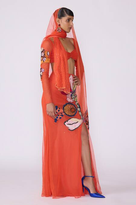 Aisha Rao Orange Tulle Sequins, Embroidery, Ember Floral Applique Embellished Skirt Set Online at Aza Fashions Aisha Rao_Orange Tulle Sequins, Embroidery, Ember Floral Applique Embellished Skirt Set _Online_at_Aza_Fashions