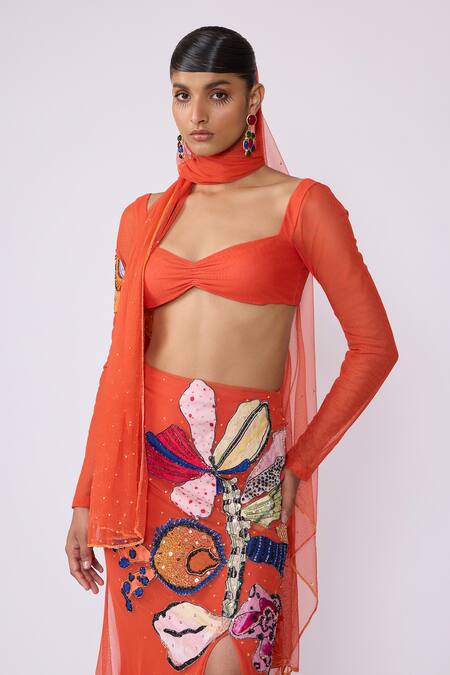 Shop Aisha Rao Orange Tulle Sequins, Embroidery, Ember Floral Applique Embellished Skirt Set Online at Aza Fashions Shop_Aisha Rao_Orange Tulle Sequins, Embroidery, Ember Floral Applique Embellished Skirt Set _Online_at_Aza_Fashions