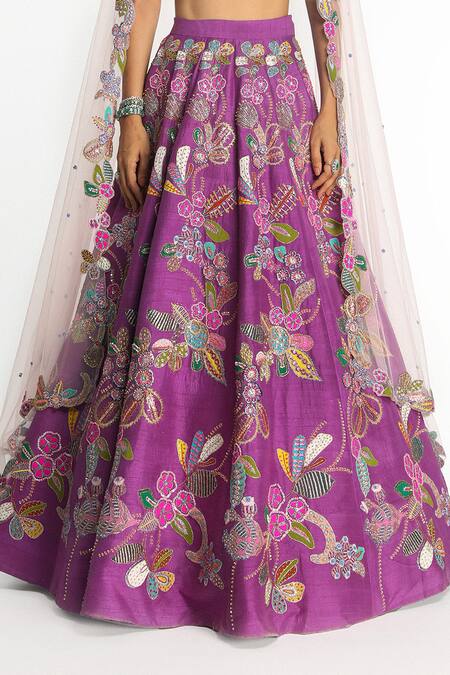 Aisha Rao_Purple Silk, Chiffon Eminara Floral Applique Embellished Bridal Lehenga Set _Online_at_Aza_Fashions
