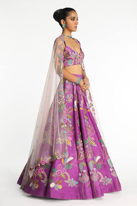 Buy_Aisha Rao_Purple Silk, Chiffon Eminara Floral Applique Embellished Bridal Lehenga Set _Online_at_Aza_Fashions