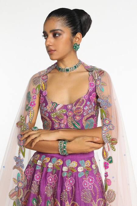 Shop_Aisha Rao_Purple Silk, Chiffon Eminara Floral Applique Embellished Bridal Lehenga Set _Online_at_Aza_Fashions