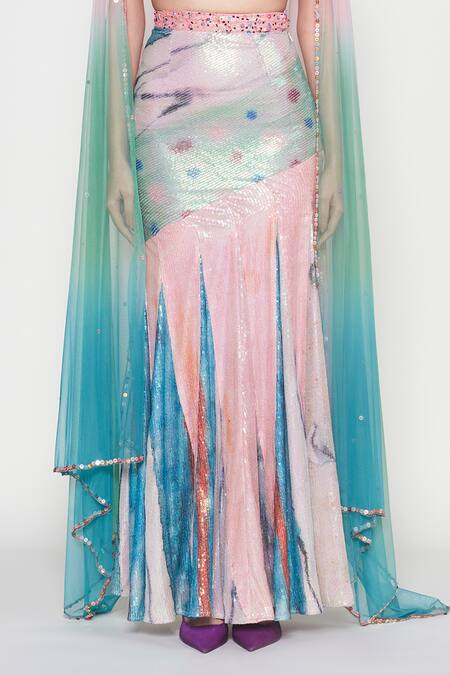 Aisha Rao_Blue Net Sequins, Beads Cowl Neck Empyrea Work Skirt Set _Online_at_Aza_Fashions