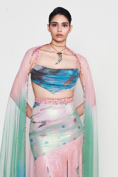 Buy_Aisha Rao_Blue Net Sequins, Beads Cowl Neck Empyrea Work Skirt Set _Online_at_Aza_Fashions