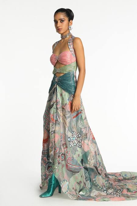 Aisha Rao_Blue Organza, Lurex Sequins, Zari Sweetheart Enchante Pop Botanical Print Gown _Online_at_Aza_Fashions